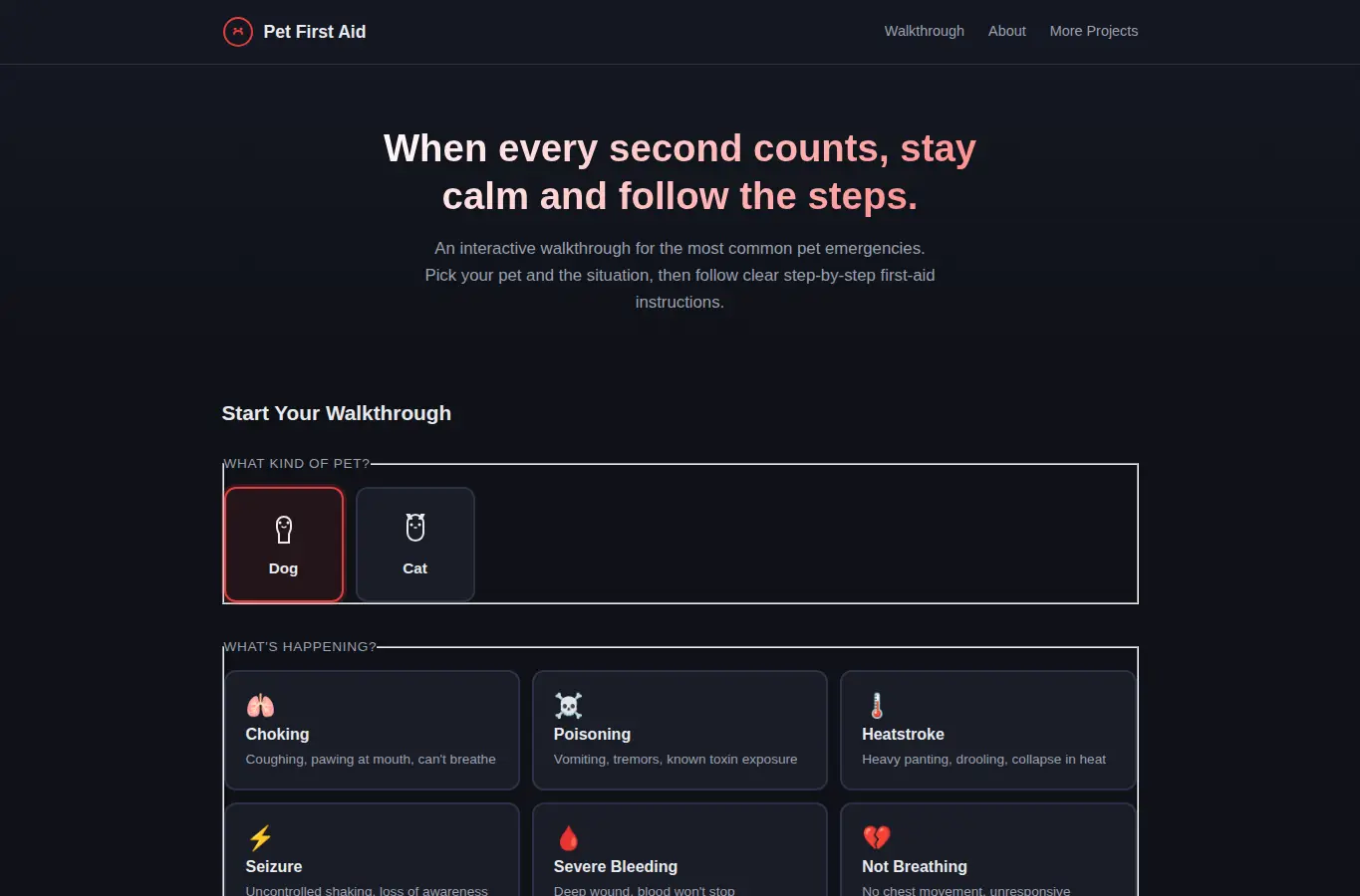 Screenshot of Pet First Aid Scenario Walkthrough interface showing the project page in use
